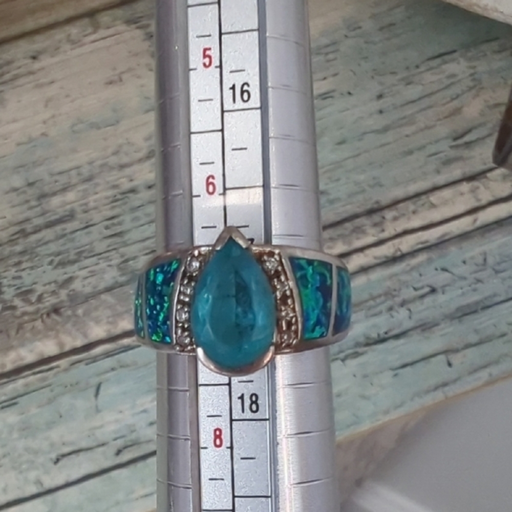 🦋Vintage Sterling Silver Pear-Cut Blue Topaz & Opal inlay - Picture 7 of 7